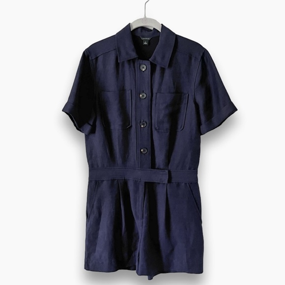 ANN Taylor Collared Linen Safari Short Romper in Navy Blue Women’s Size 4 EUC - Picture 2 of 6